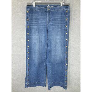 SOHO New York & Co Jeans Women Sz 14 Blue Wide Leg Snap Button Sides Boho Hippie